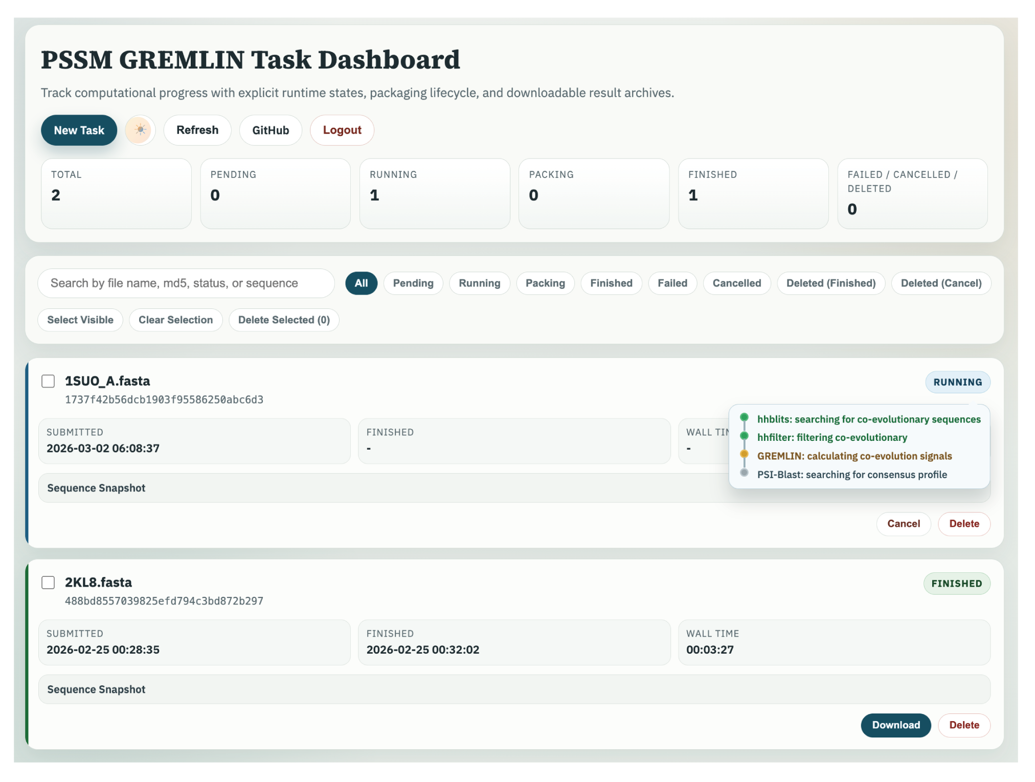 PSSM/GREMLIN server — task dashboard